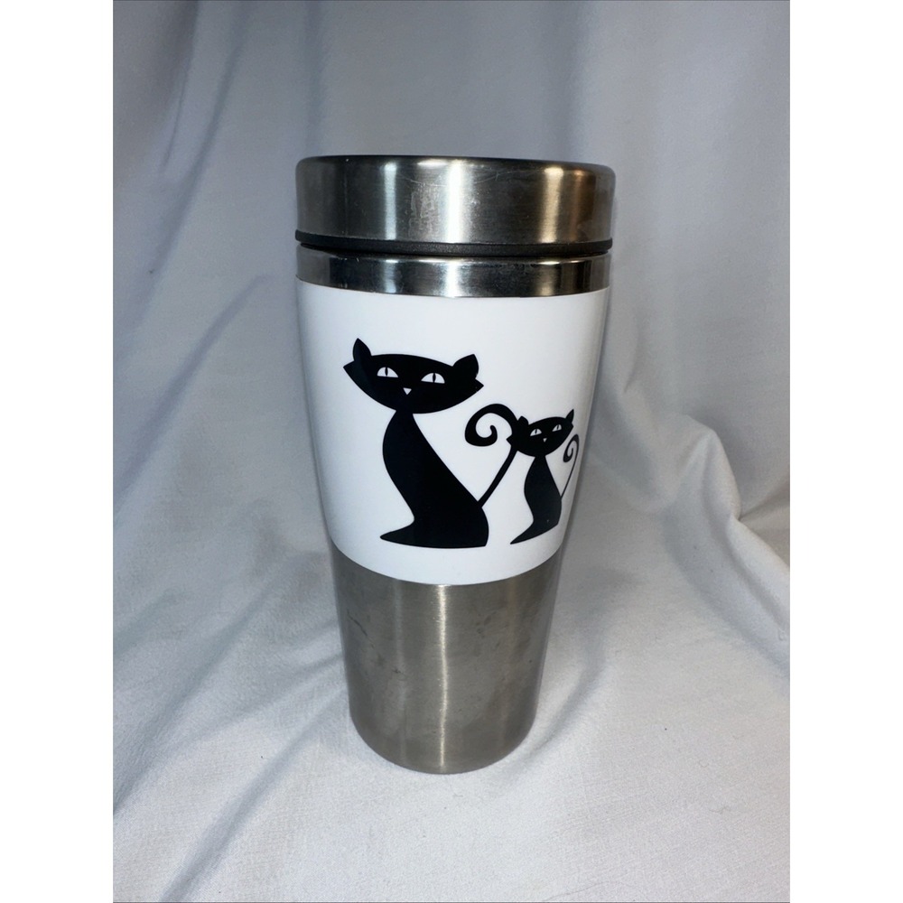 Hues-N-Brews Black Cat & Paw Print Stainless Steel Travel Mug  Coffee Tea 14 oz